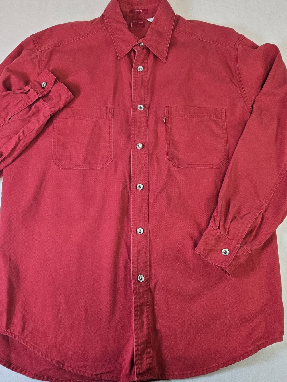 Vintage Levis Mens Red Denim Metal Button Down Long Sleeve Loose Fit Shirt Med